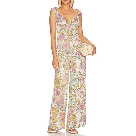 Free People Rolling Hills Jumpsuit in Tea Combo size M Floral Multicolor - Picture 1 of 10